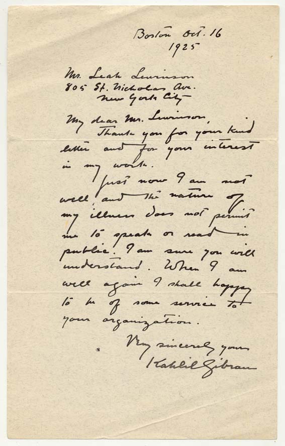 Letter of Kahlil Gibran to Leah Lewinson, Boston, Oct. 16, 1925